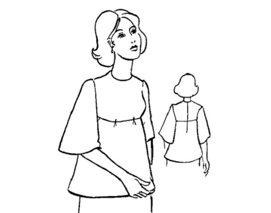 Cắt may áo tay ráp có đường chân ngực, tay loa, cổ tròn, dây kéo sau lưng