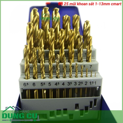 Bộ 25 mũi khoan sắt 1-13mm A0100B C-Mart Tools,DIN 338, HSS TiN